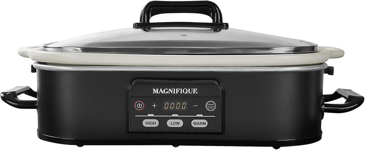 MAGNIFIQUE Small 4 Quart Casserole Programmable Slow Cooker with Ceramic Baking Dish - Perfect Kitchen Small Appliance for Family Dinners, Oven Safe and Durable Bakeware for Lasagna, Roasts