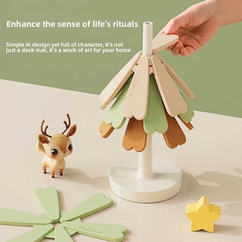 Christmas Tree Silicone Hot Pad, 4-Pack Heat Resistant Trivet for Pots and Pans, Holiday Kitchen Potholder, Coaster, Christmas Table Decor (Four Layers of Yellow-Green Color + Apple)