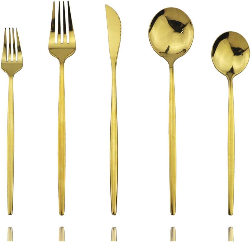 Shiny Gold Silverware Set, JASHII 20-Piece Stainless Steel Satin Finish Flatware Set, Kitchen Utensil Set, Mirror Polished Tableware Cutlery Set for Home and Restaurant, Dishwasher Safe