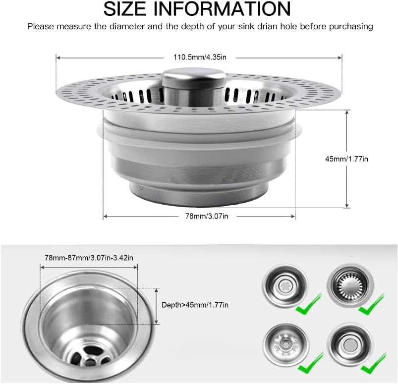 3 in 1 Kitchen Sink Drain Strainer Stopper, Stainless Steel Pop Up Sink Stopper with Anti-Clogging Basket Strainer Width 3.07" Height 1.77 for Deep Sink (Silver)