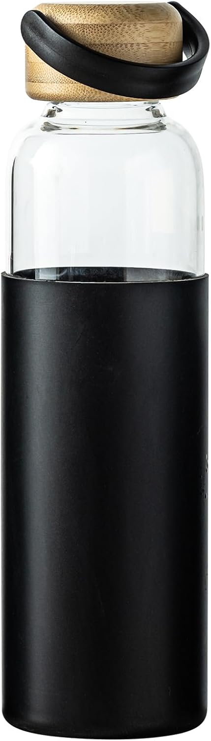 21oz Borosilicate Glass Water Bottles with Silicone Non-Slip Sleeve & Leak-Proof Lid-Reusable Drink Bottle for Office,Travel,Gym,Hiking-BPA Free,Ideal Gift for Home,Car &Fitness (Black)