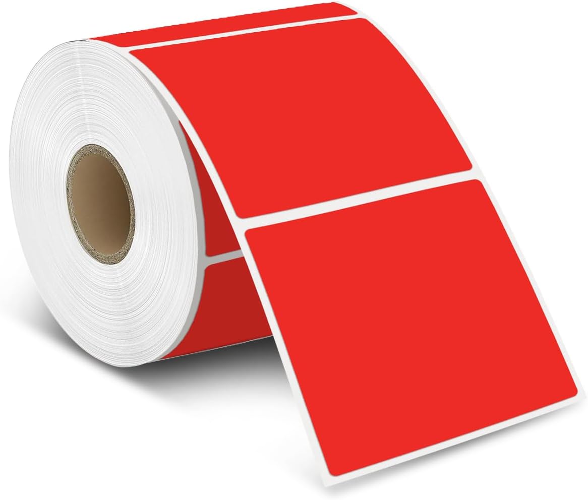iEager Red Square Thermal Label Stickers, 3" x 3" Self-Adhesive Square Direct Thermal Labels with Perforation Line, 500 Sheets/Roll