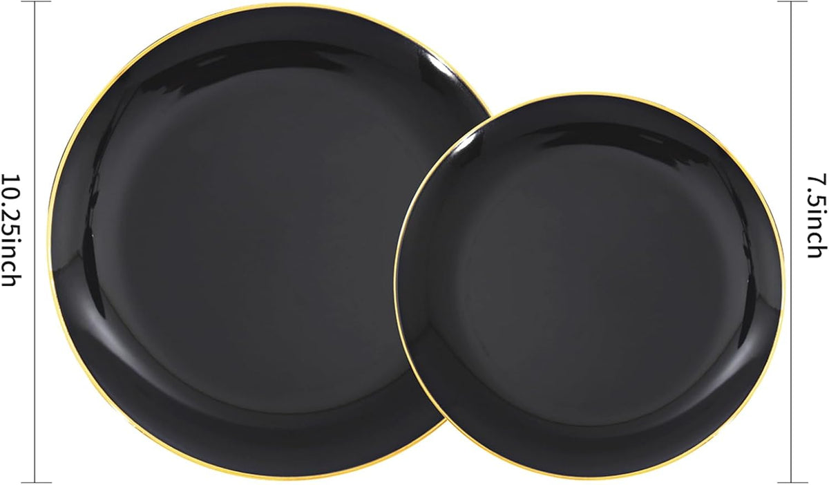 KIRE 100PCS Black and Gold Plates - Black Plastic Plates Disposable with Gold Rim for Party/Wedding/Graduation Include 50Pcs 10.25inch for Dinner and 50Pcs 7.5inch for Dessert/Salad