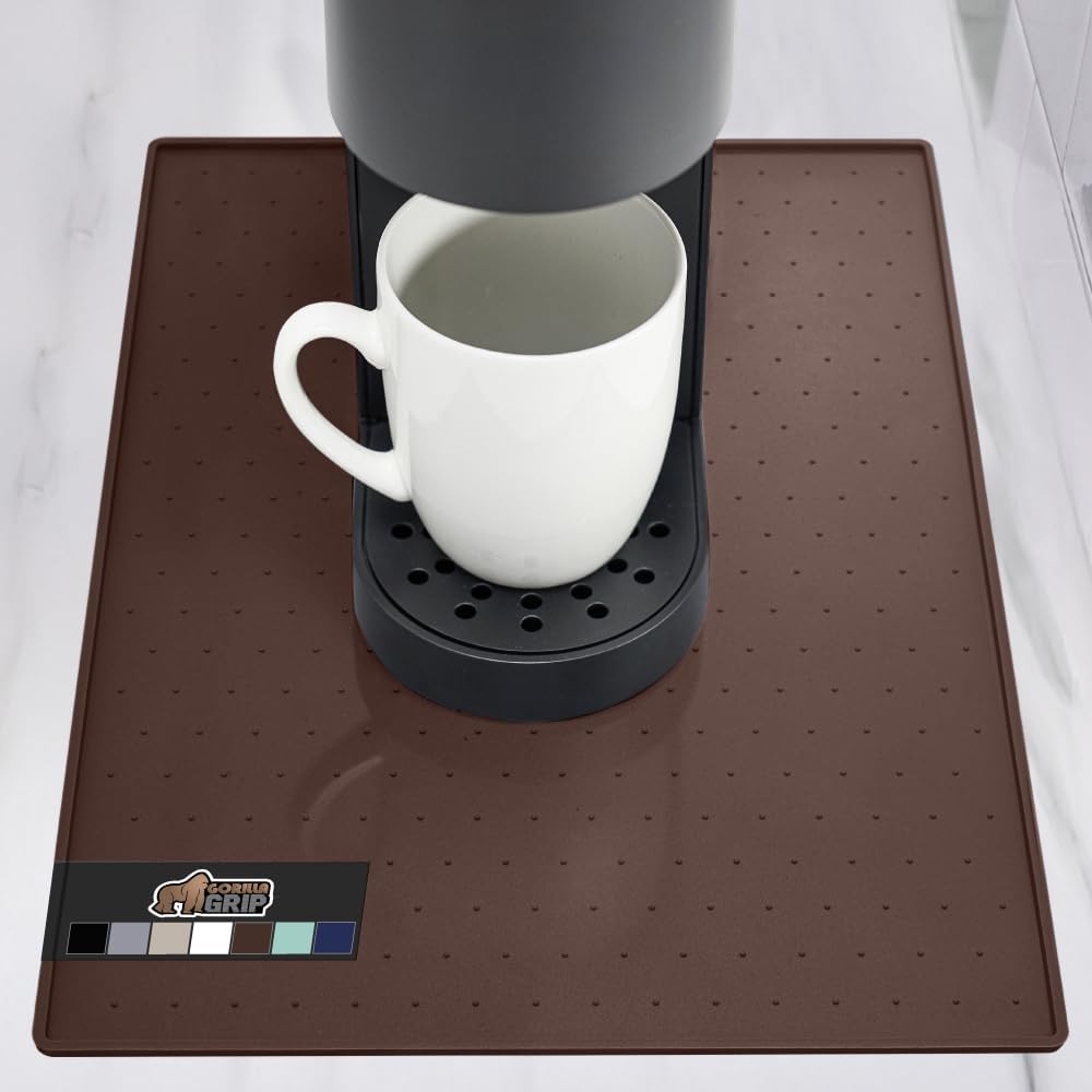 GORILLA GRIP Silicone Coffee Mat, Espresso Drink Bar Station Accessories, Waterproof Heat-Resistant Dish Drying Mats, Stay in Place on Kitchen Counter, Home Kitchen Decor Essentials, 10x14, Brown