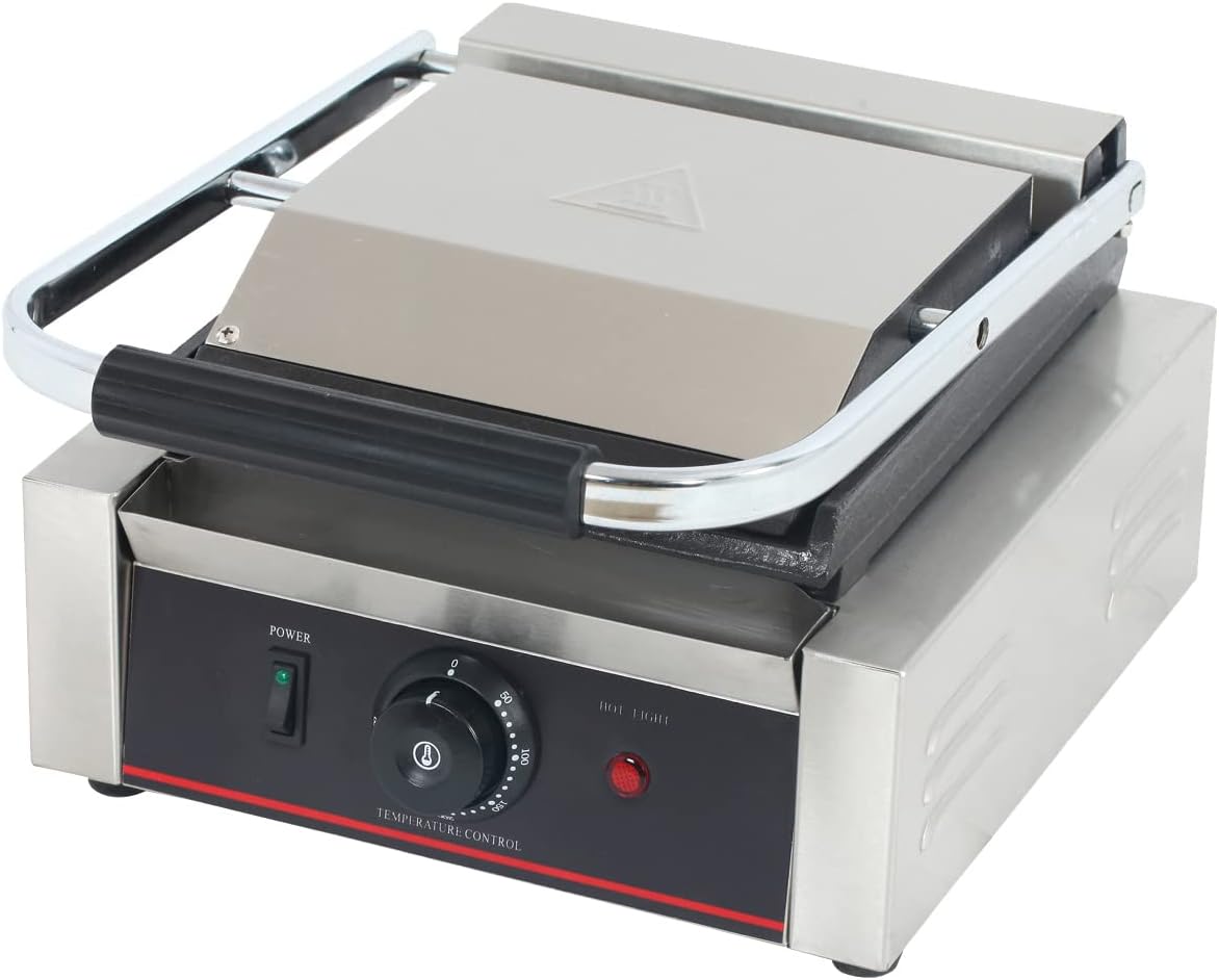 Commercial Panini Press With Grooved Grill Sandwich Maker Machine Electric Contact Grill Single (Single Smooth Top&Bottom)