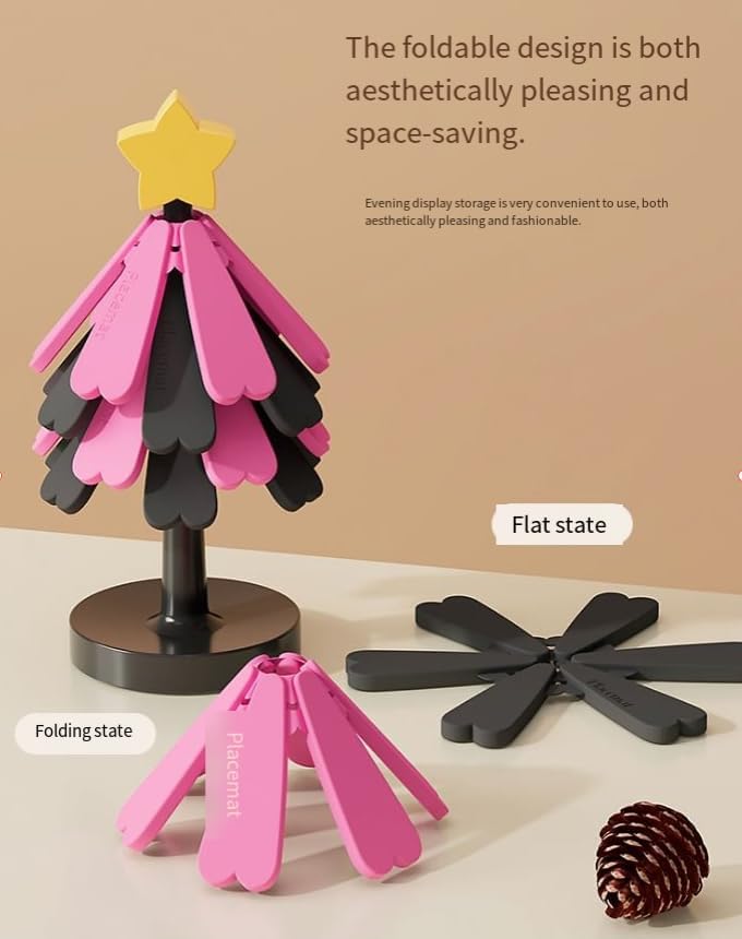 Christmas Tree Silicone Hot Pad, 4-Pack Heat Resistant Trivet for Pots and Pans, Holiday Kitchen Potholder, Coaster, Christmas Table Decor (Four Layers of red and Black + Stars)