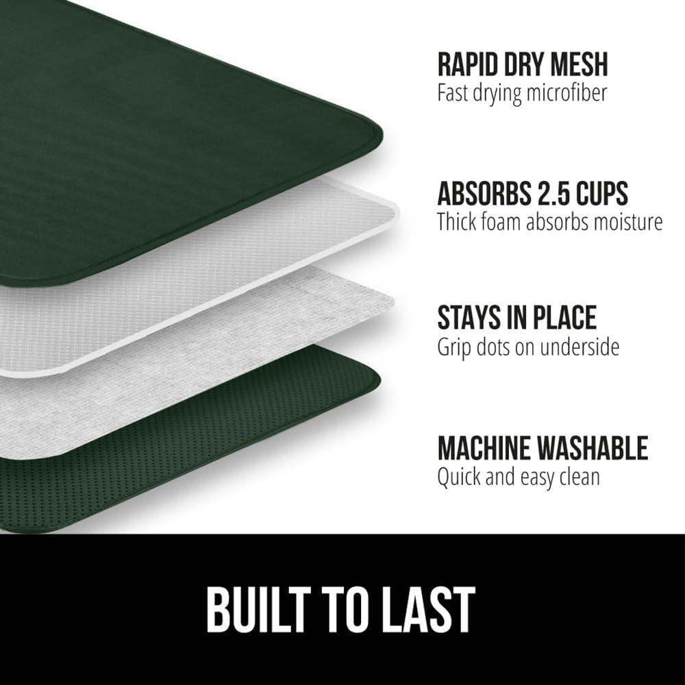 GORILLA GRIP Ultra Water Absorbent Microfiber Dish Drying Mat, 18x24, Quick Dry Thick Mesh, Slip Resistant Pad for Sink Dishes or Under Rack, Kitchen Counter Accessories, Machine Wash, Hunter Green