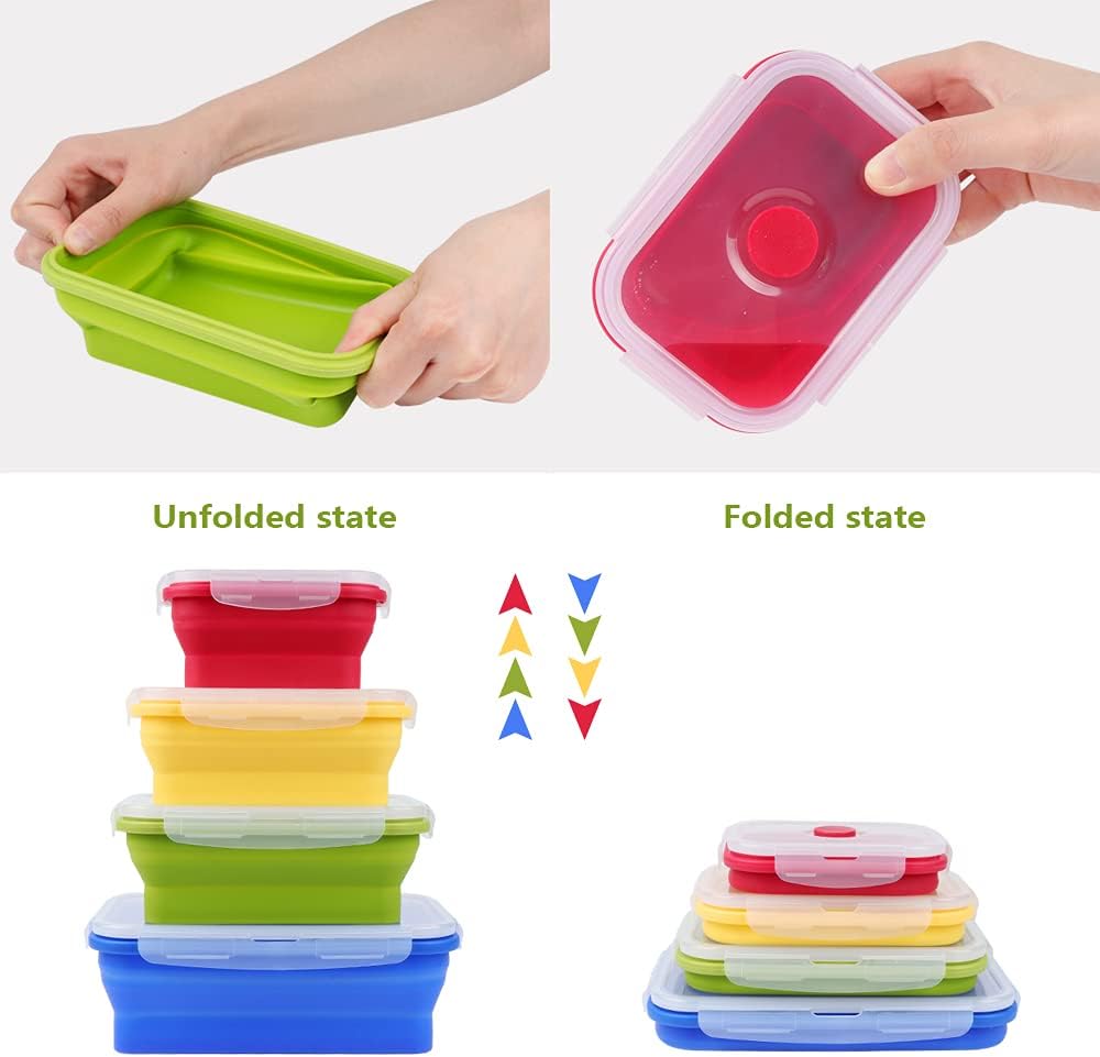 Set of 4 Collapsible Foldable Silicone Food Storage Container, Leftover Meal Box With Airtight Plastic Lids For Kitchen, Bento Lunch Boxes-Microwave, Dishwasher and Freezer Safe