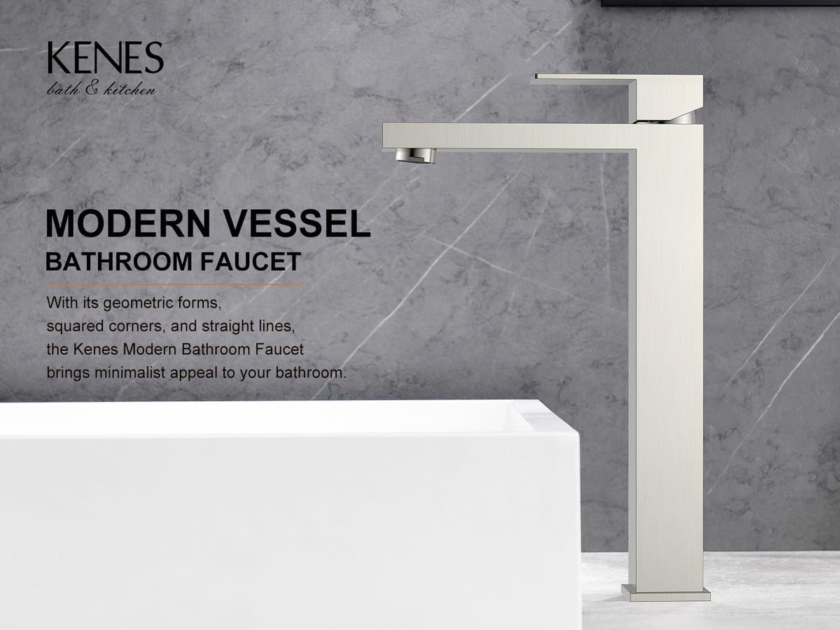 KENES Brushed Nickel Vessel Sink Facuet Single Handle Tall Bathroom Sink Faucet Vanity Bathroom Faucet Basin Mixer Tap with Water Supply Hose and Pop Up Sink Drain, LJ-9031A