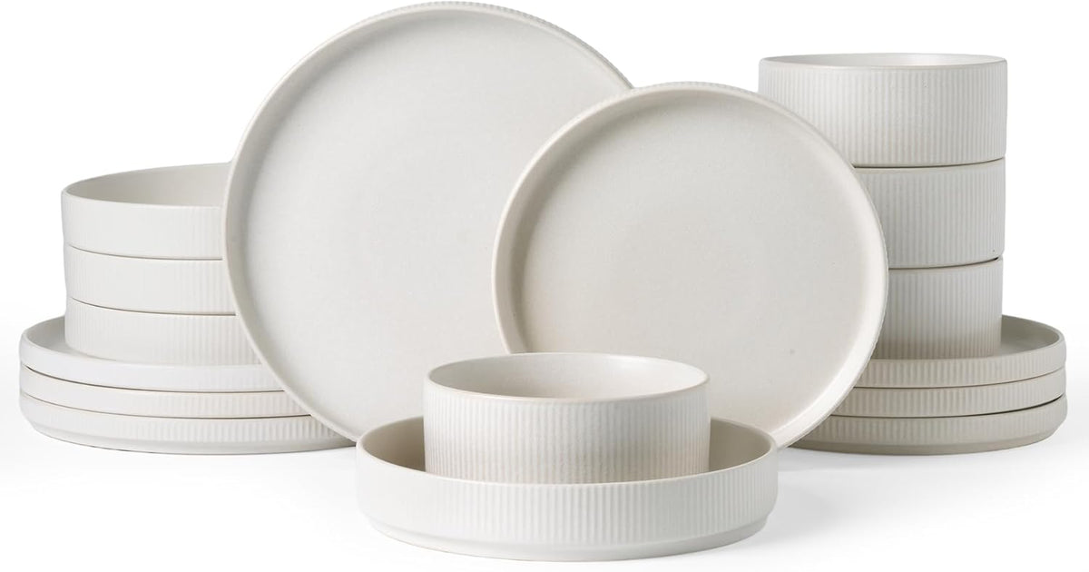 Famiware Star Dinnerware Set with Pasta Bowls, Service for 4 (16pcs), Ribbed Stoneware Plates and Bowls Dishes Sets - Chip & Scratch Resistant, Microwave & Dishwasher Safe, Matte White