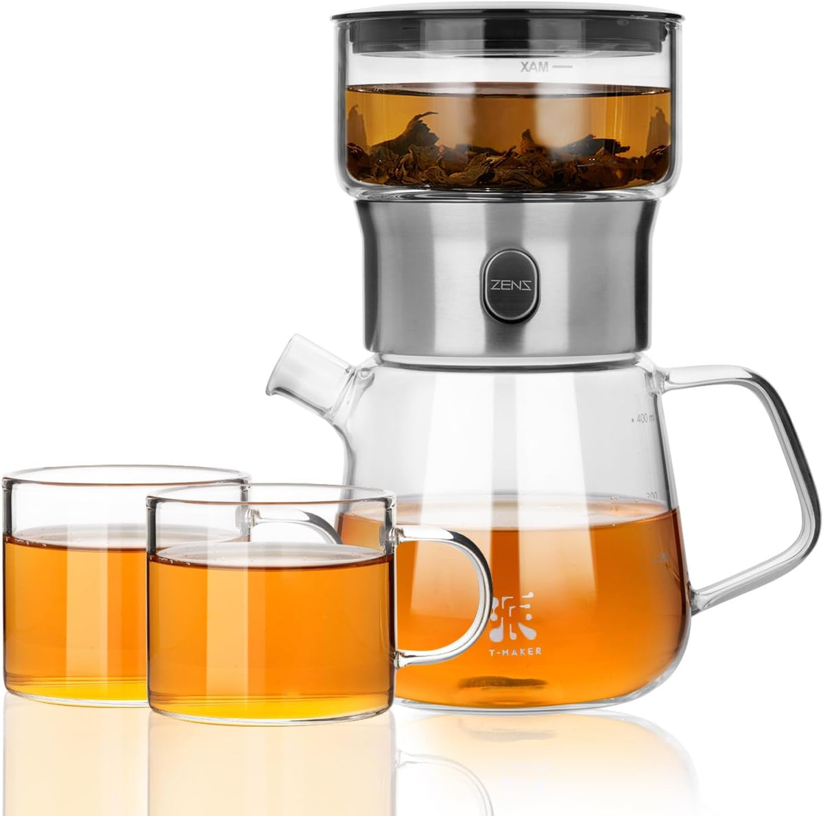 ZENS Modern Glass Tea Infuser Teapot Set, Smart One Touch Tea Maker for Loose Tea Diffusers with 2 Gongfu Cups, Cool Enchanted Tea Pot Alternatives for Black Tea Lovers Gifts-400ml
