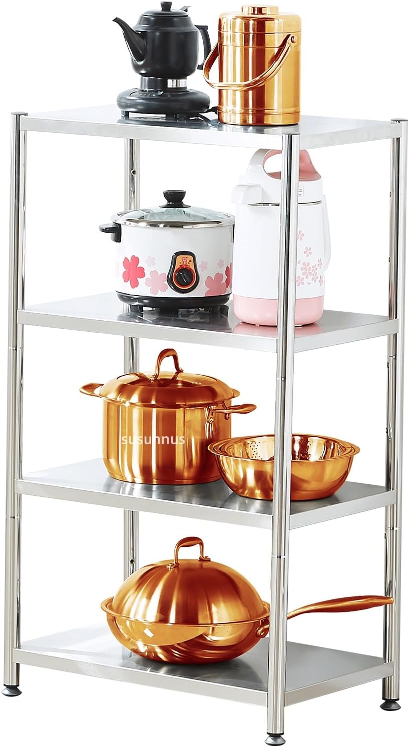 susunnus 4-Tier Stainless Steel Shelf, Heavy Duty Shelving for Kitchen, Garage, Industrial Storage, Kitchen Shelves Adjustable Feet, Easy to Clean(24.8in*15,8in Without Guardrails)
