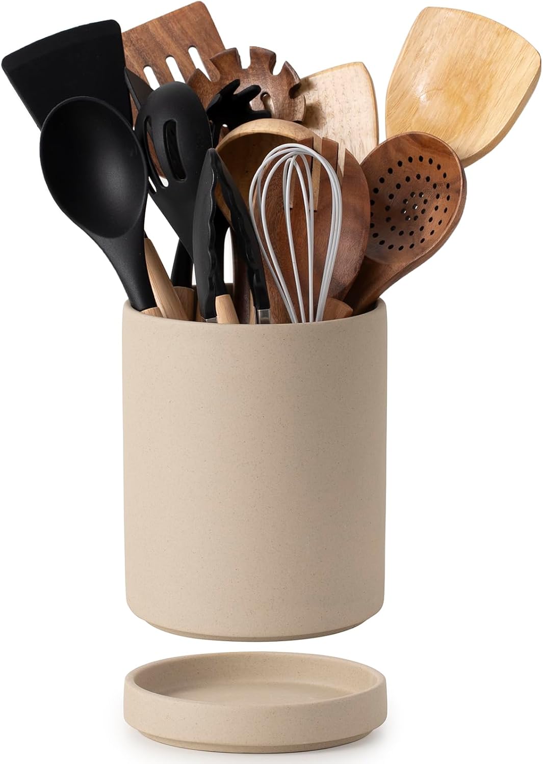 Utensil Holder, 7.3" Ceramic 2-in-1 Utensil Holder Set with Base for Countertop, Cooking Utensil Crocks for Kitchen Counter, Organizer for Spatulas & Spoons, Farmhouse Decor, Pottery Clay