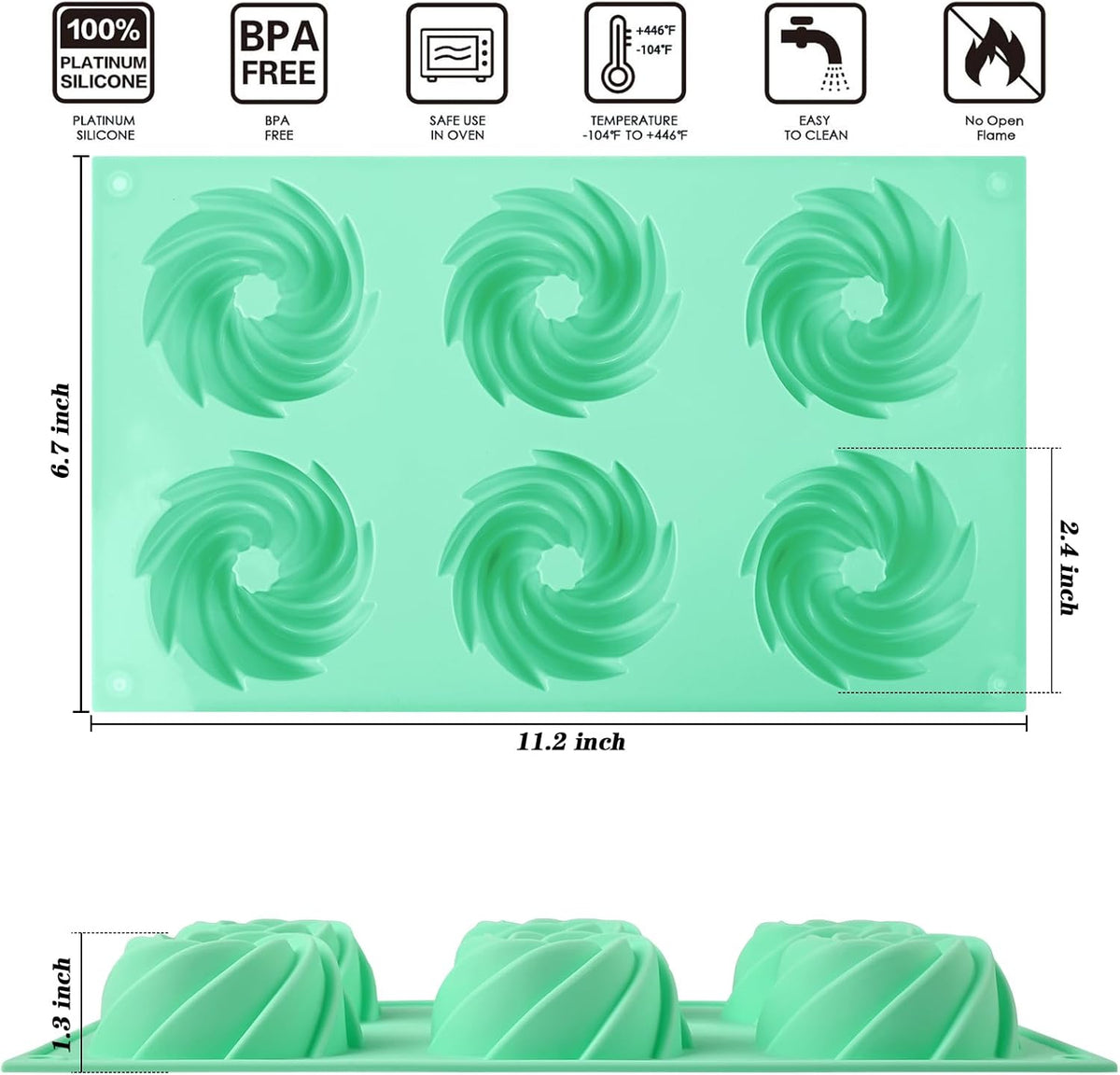 HUAKENER 2 Pcs Mini Fluted Cake Pan, 6-Cavity Fluted Cake Mold, Non-stick Silicone Baking Mold for Cupcakes, Donuts, Cornbread, Brownies, Jellies