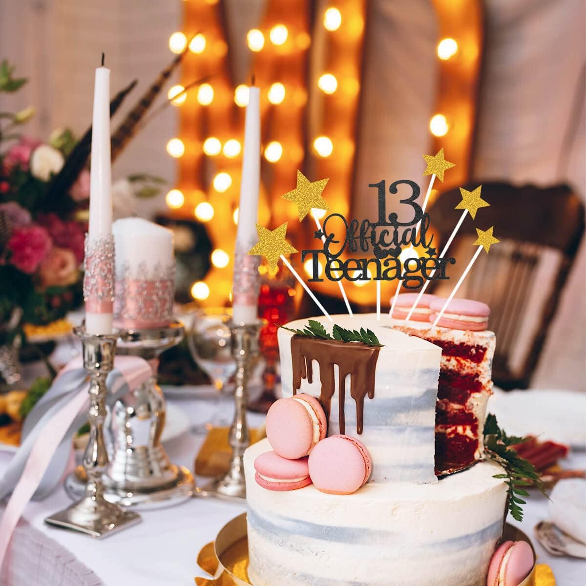 Glittery 13 Ofiicial Teenager Cake Topper with Star,13th Happy Birthday Cake Topper Party Decorations Party Supplies for Boys Girls Black Gold
