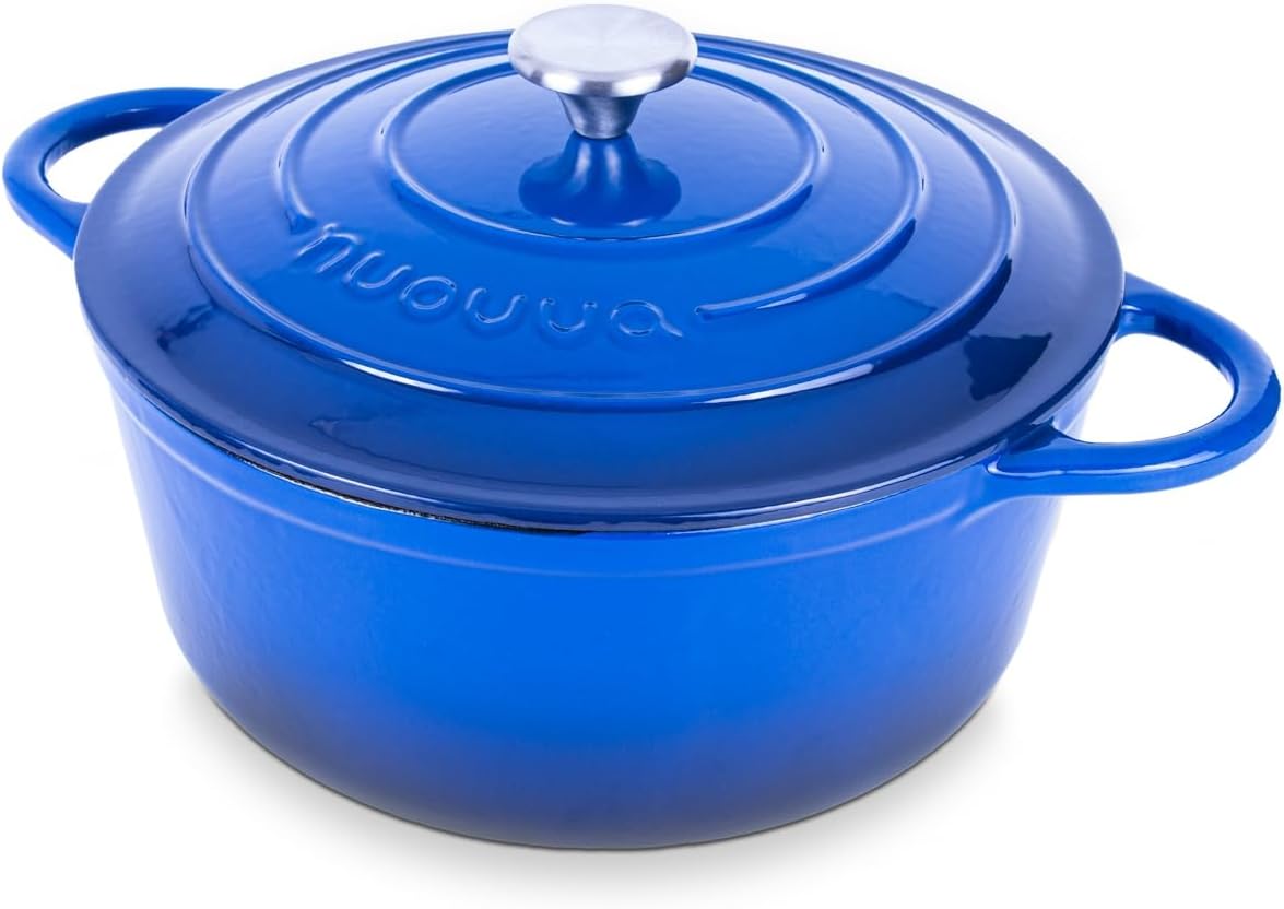 Nuovva Enamelled Cast Iron Dutch Oven Pot with Lid – 6.4 Quart Non Stick Casserole Pot – Heavy Duty & Oven Safe up to 500° F for Bread Baking, Braising, Stews, Roasting – 28cm Dark Blue