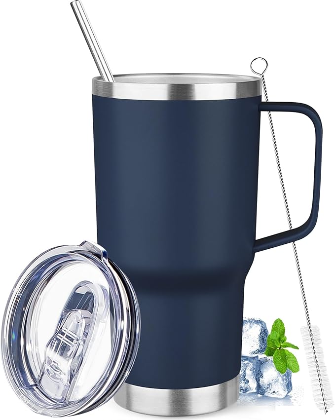 20 oz Tumbler with Handle Stainless Steel Insulated Coffee Mug Tumbler with Lid and Straw Double Wall Vacuum Insulated Coffee Mug Leak Proof Travel Mug Tumbler for Hot and Cold Drink (Navy Blue,1pack)
