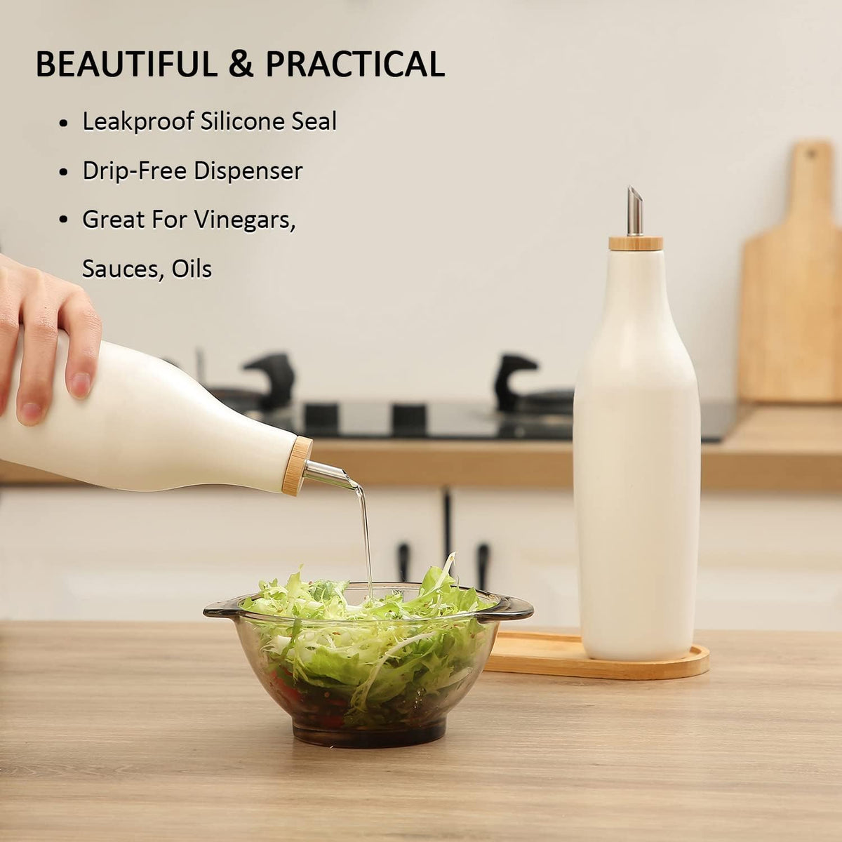 HOMCDALY Ceramic Olive Oil Dispenser for Kitchen, Stoneware 16oz Oil and Vinegar Bottles Dispenser, Kitchen Dispenser Bottle for EVOO Vinegar Syrups, Modern Farmhouse Design(W)