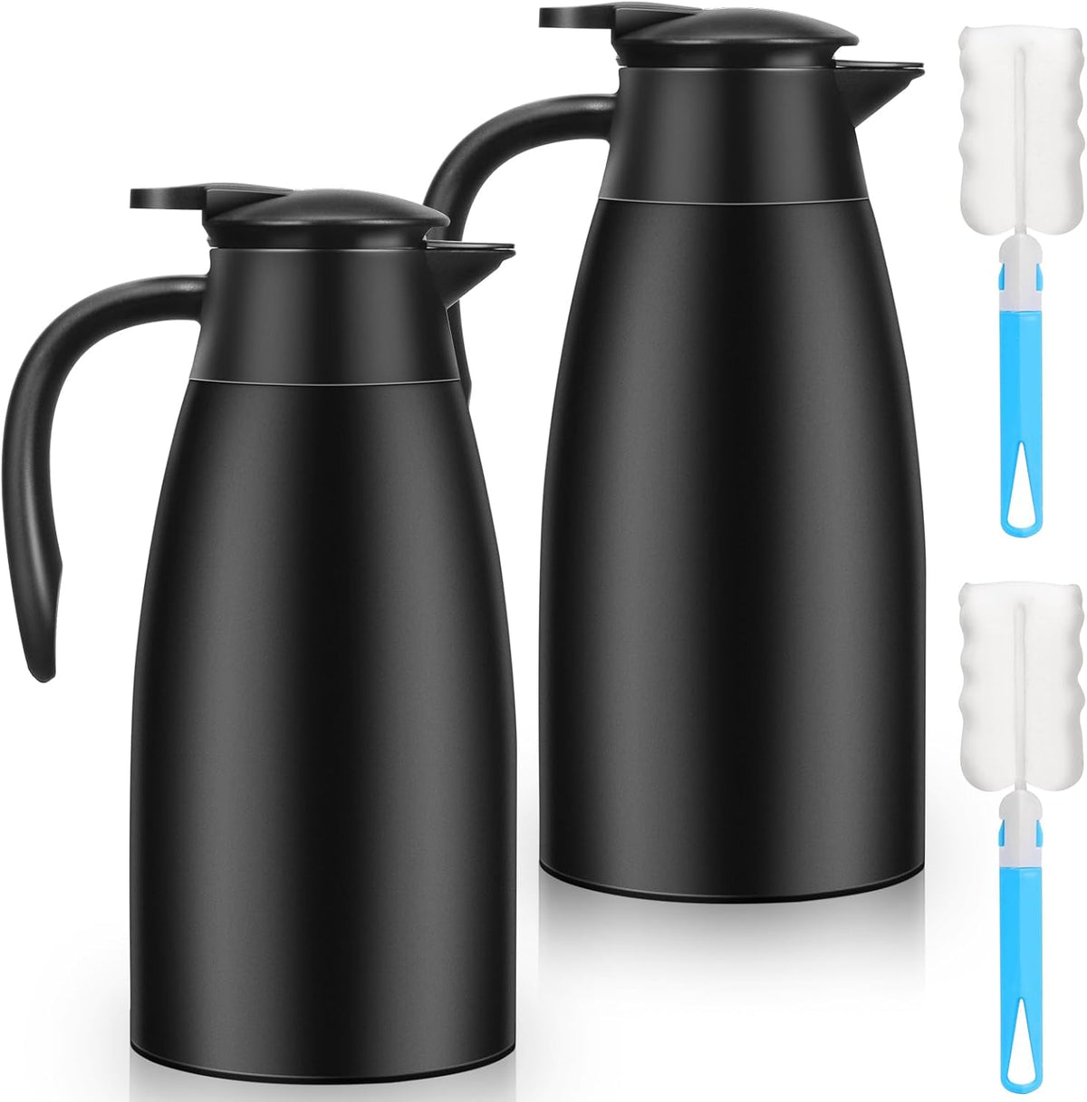 2 PCS 68 OZ Thermal Coffee Carafe, Insulated Stainless Steel Coffee Carafe Double Walled Vacuum Thermal Pot Flask with Brushes Thermos for Keeping Hot Coffee Tea Home and Office (Black)