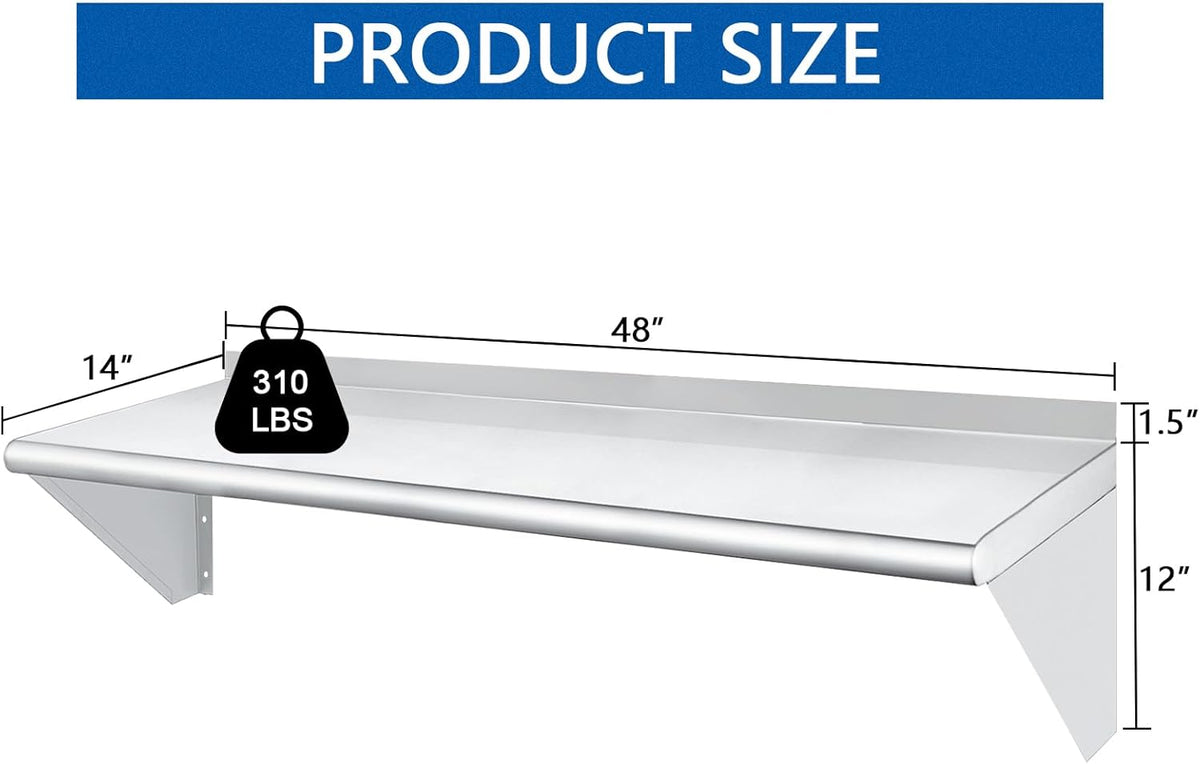 HARDURA Stainless Steel Shelf 14" x 48", 310lb Commercial Shelves Wall Mount Metal Shelving with Backsplash and Brackets for Kitchen, Restaurant, Laundry Room and Home