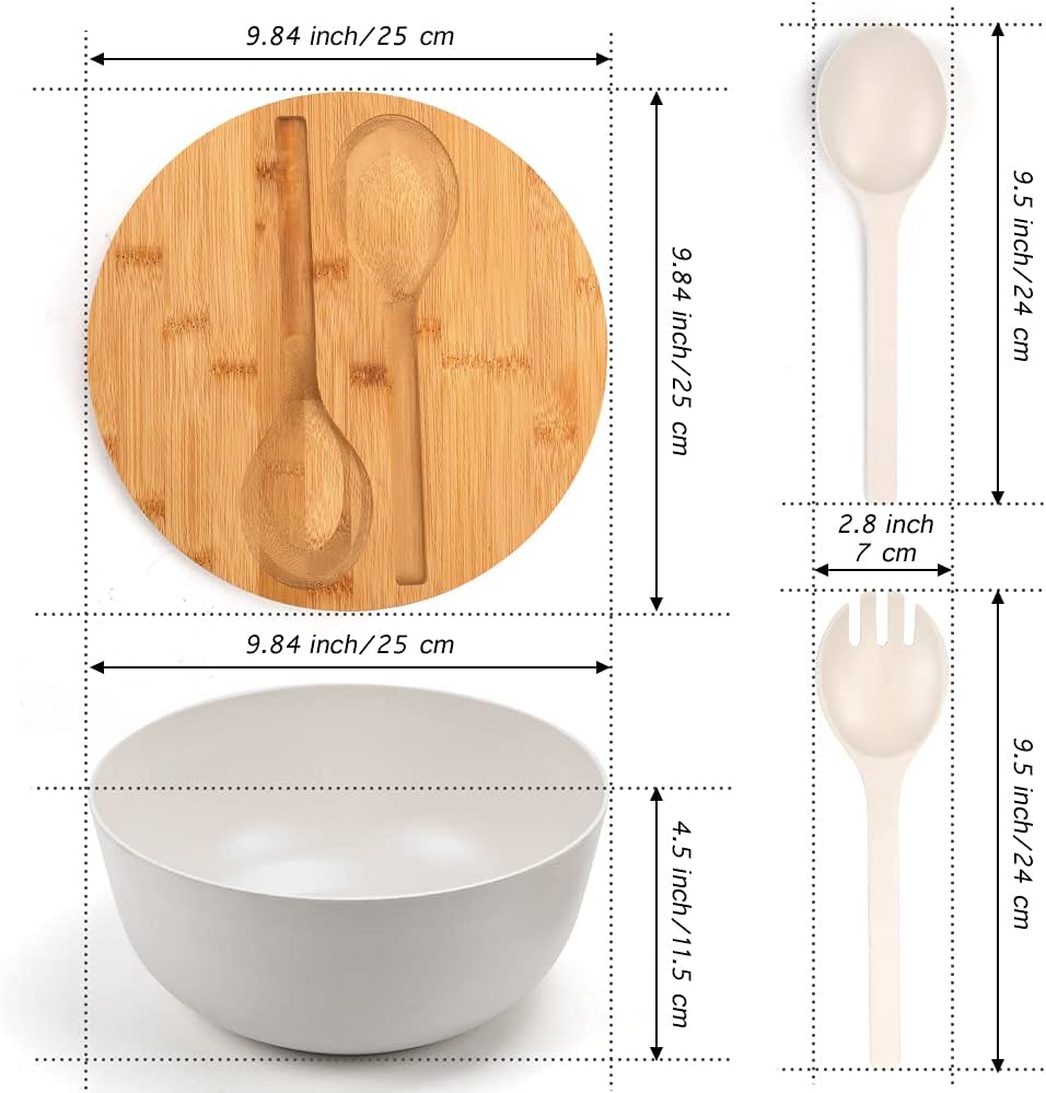 ShineMe Large Salad Bowl with Lid, Bamboo Fiber Salad Serving Bowl Set with Utensils, 9.8inches Mixing Bowl with Servers, Solid Bamboo Wooden Bowl for Salad, Fruits, Vegetables and Pasta(White)