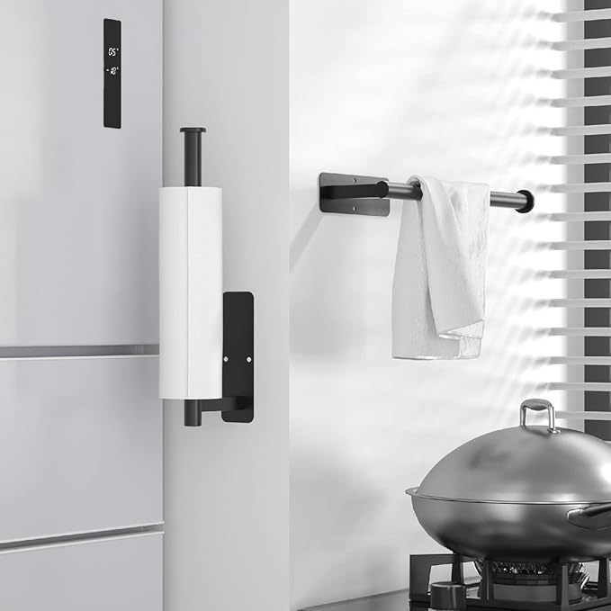 ASTOFLI Paper Towel Holder Under Cabinet No Drilling, Self Adhesive Paper Towel Holder Wall Mount for Kitchen Rack, Under Counter Napin Holder No Drill, RV, 304 Stainless Steel, Matte Black 2 Pack