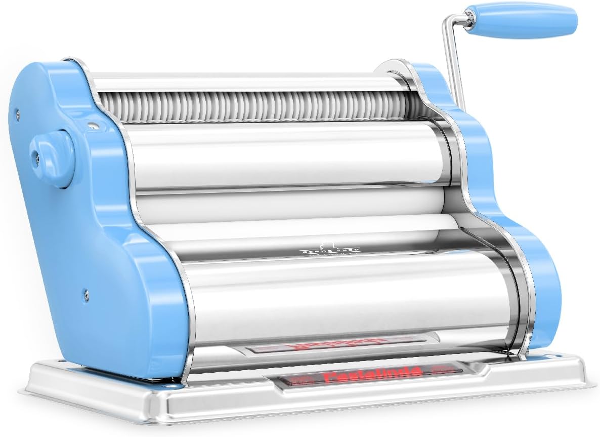 PASTALINDA Classic 260 Pasta Maker Machine, 26 cm Wide Rollers, 9 Thickness Positions, 2 Cutting Positions, Stainless Steel. Includes Reinforced Hand Crank And Two Clamps (Light Blue)