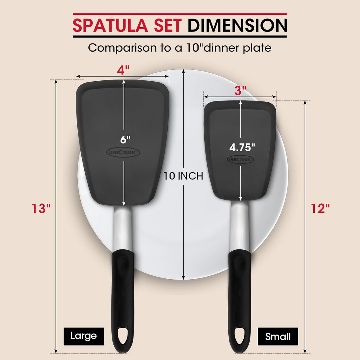 Unicook 2 Pack Flexible Silicone Spatula, Turner, 600F Heat Resistant, Ideal for Flipping Eggs, Burgers, Crepes and More, Black