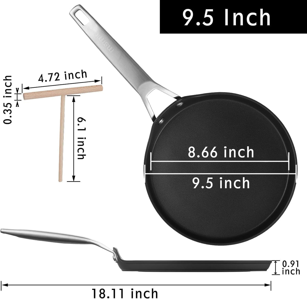 MsMk Crepe Pan with Spreader, 9 1/2 Inch Titanium and Ceramic Nonstick Flat Skillet Pancake Tawa Dosa Tortilla Pan, Induction Compatible, PFOA Free, Oven Safe to 700°F