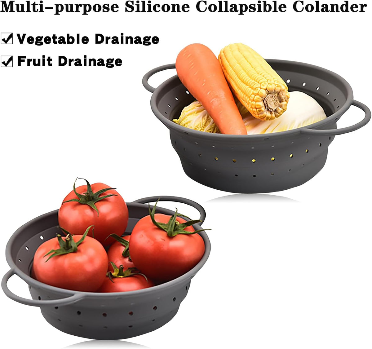 Silicone Collapsible Colander with Handle, Kitchen Colander for Easy Storage,Four-side Fast Draining Silicone Draining Basket, Perfect for Fruits Vegetables (Gray L+M)