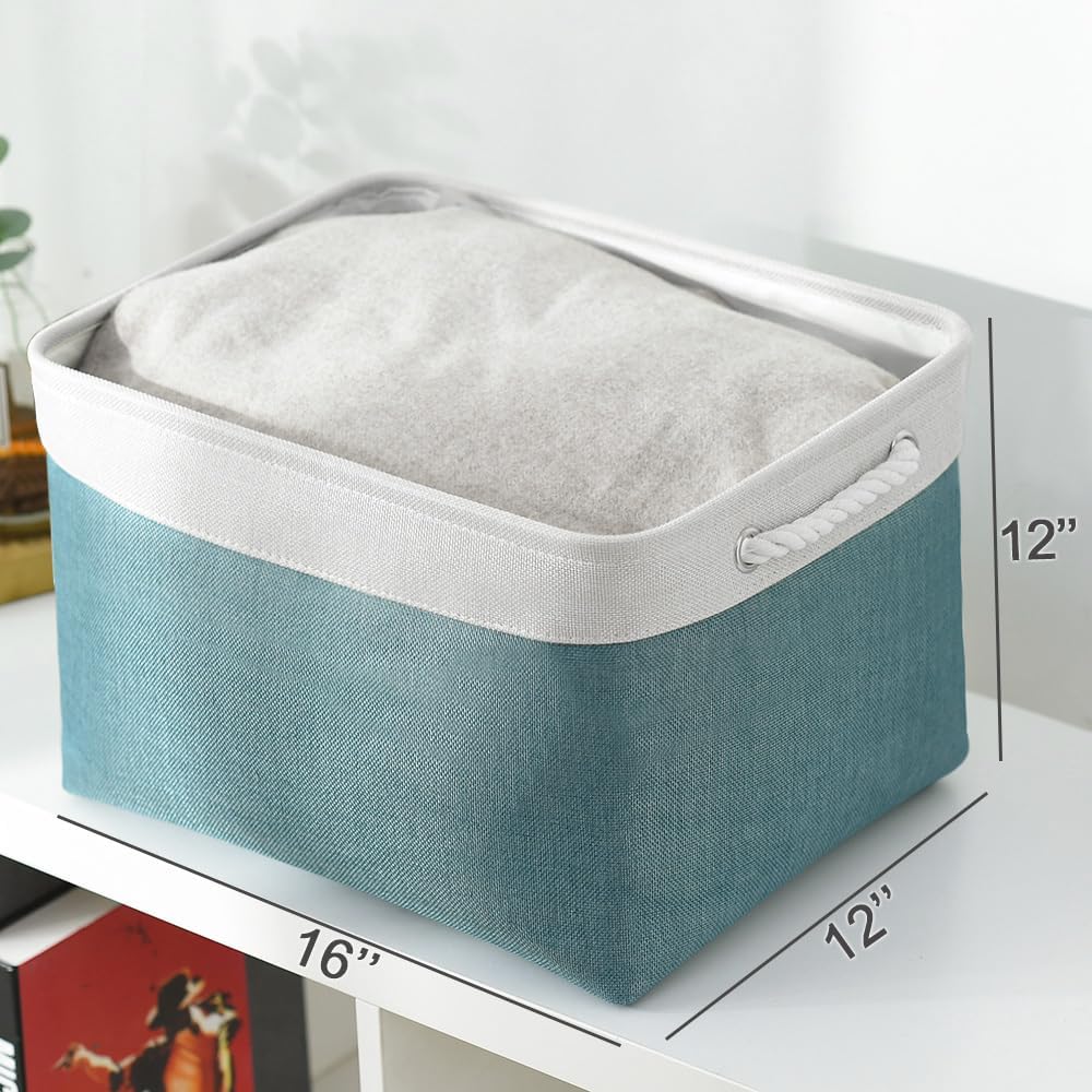 TheWarmHome Organization and Storage basket for Organizing - 3 Pack 16x12x12 inch Cube Storage Bin for Shelves, Fabric Storage Cubes for Organizer Cloth Closet Toy Box (White & Green)