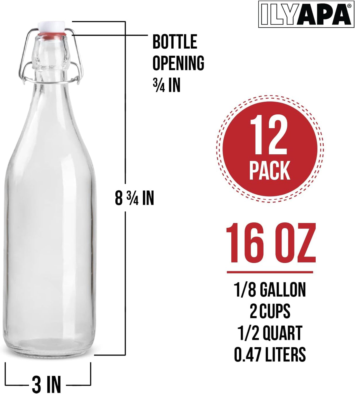 Ilyapa 16 oz Clear Flip Top Glass Beer Bottles for Home Brewing, Set of 12 Heavy Duty Glasses