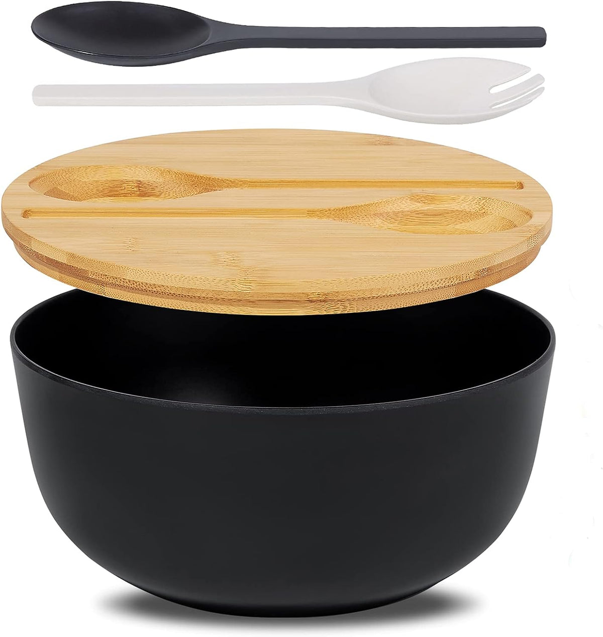 10" Large Salad Serving Bowl with Utensils in Lid, Bamboo Fiber Salad Bowl with Lid, Mixing Bowl with Servers set for Pasta,Fruit,Veggies,Popcorn to Replace Wooden Bowls - Matte Black