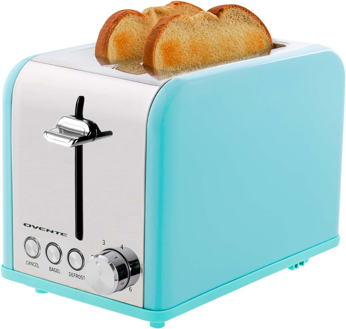 OVENTE Electric 2 Slice Toaster Machine with 6-Shade Browning Selector Setting, Cancel, Defrost, Bagel Buttons, Removable Crumb Tray and Extra Wide Slots for Toasting Breads & More, Turquoise TS2450T