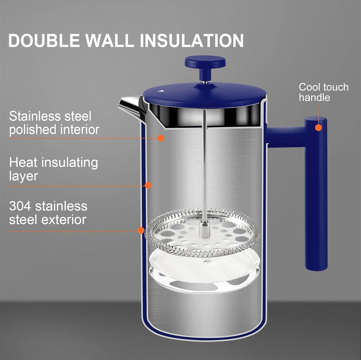 Secura French Press Coffee Maker, Double-Wall 304 Grade Stainless Steel Coffee Press with 2 Extra Screens, 34oz (1L), Blue
