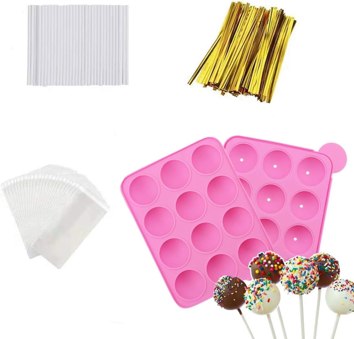 12 Capacity Silicone Lollipop Mold Set, Sucker Molds and Chocolate Hard Candy Mold with 60pcs Lollipop Sucker Sticks, Candy Treat Bags, Gold Ties. (12 Cavity Cake Pop)