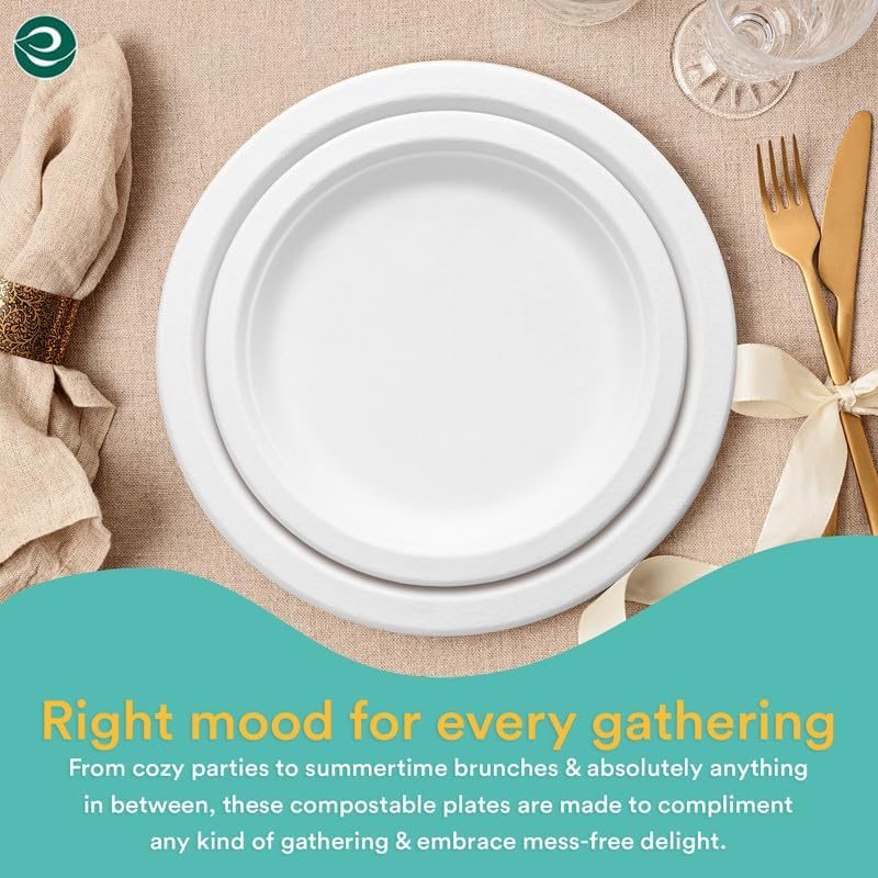 ECO SOUL Pearl White 9 Inch 200 [2x100 Pc] Paper Plates | 100% Compostable Disposable Bagasse I Heavy Duty Eco-Friendly Dinner Plates I Biodegradable Plates