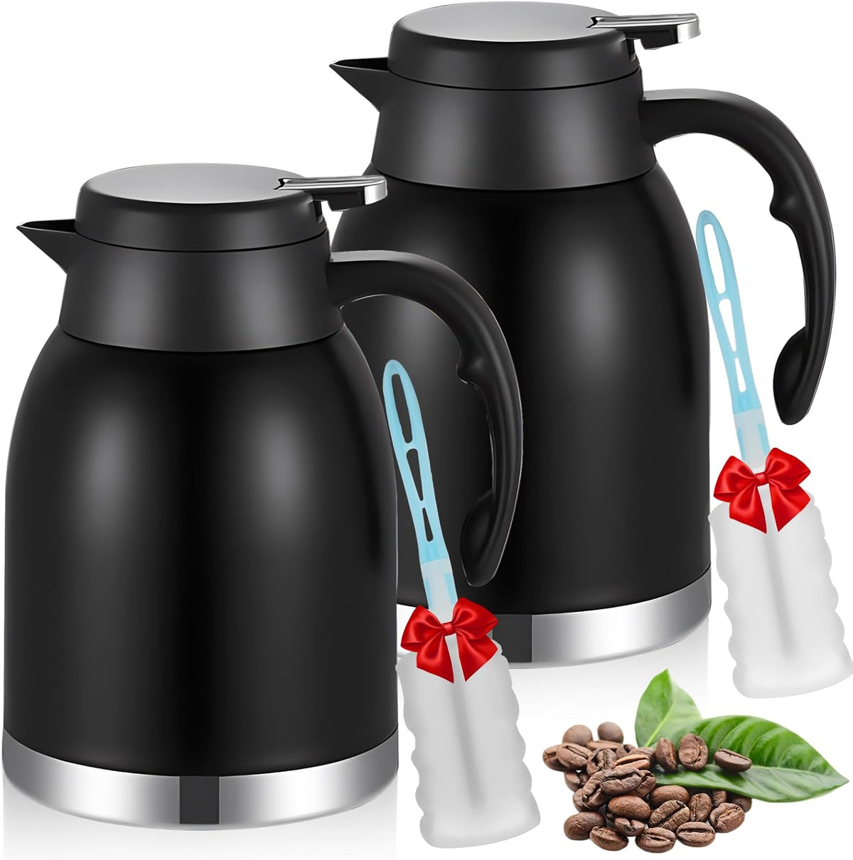 54oz 2PCS Stainless Steel Thermal Coffee Carafe Dispenser with Brush,Double Wall Vacuum Flask 1.6L Water Tea Pot Beverage Pitcher for Cold Drinks in Summer (Matte Black,2Pack)