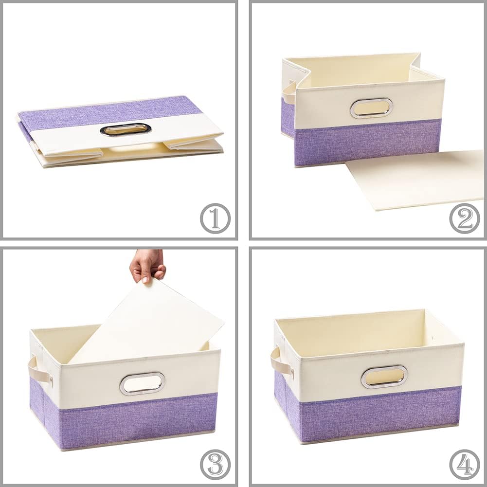 PRANDOM Large Fodable Storage Bins for Closet [3-Pack] Decorative Fabric Storage Baskets Cubes with Leather/Metal Handles for Shelves Bedroom Living Room Purple&Cream (14.9x9.8x8.3 Inch)