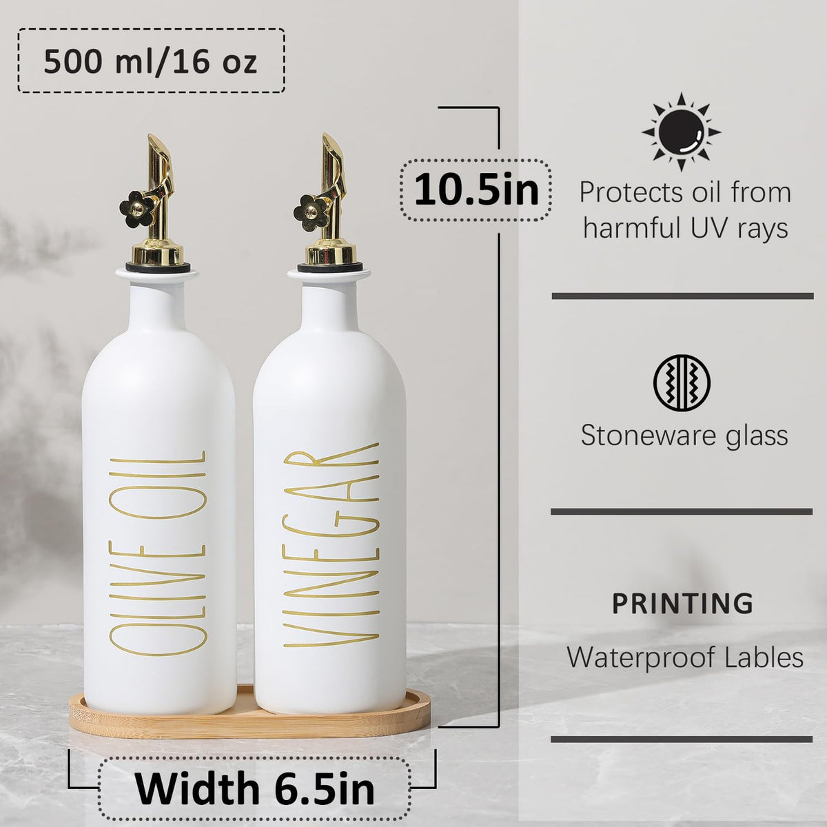 HOMCDALY 16oz Olive Oil Dispenser Bottles for Kitchen, Gold Oil&Vinegar Dispenser Set, Glass Oil Dispenser for Kitchen with Bamboo Tray | Set of 2 (16oz-P-Gold)