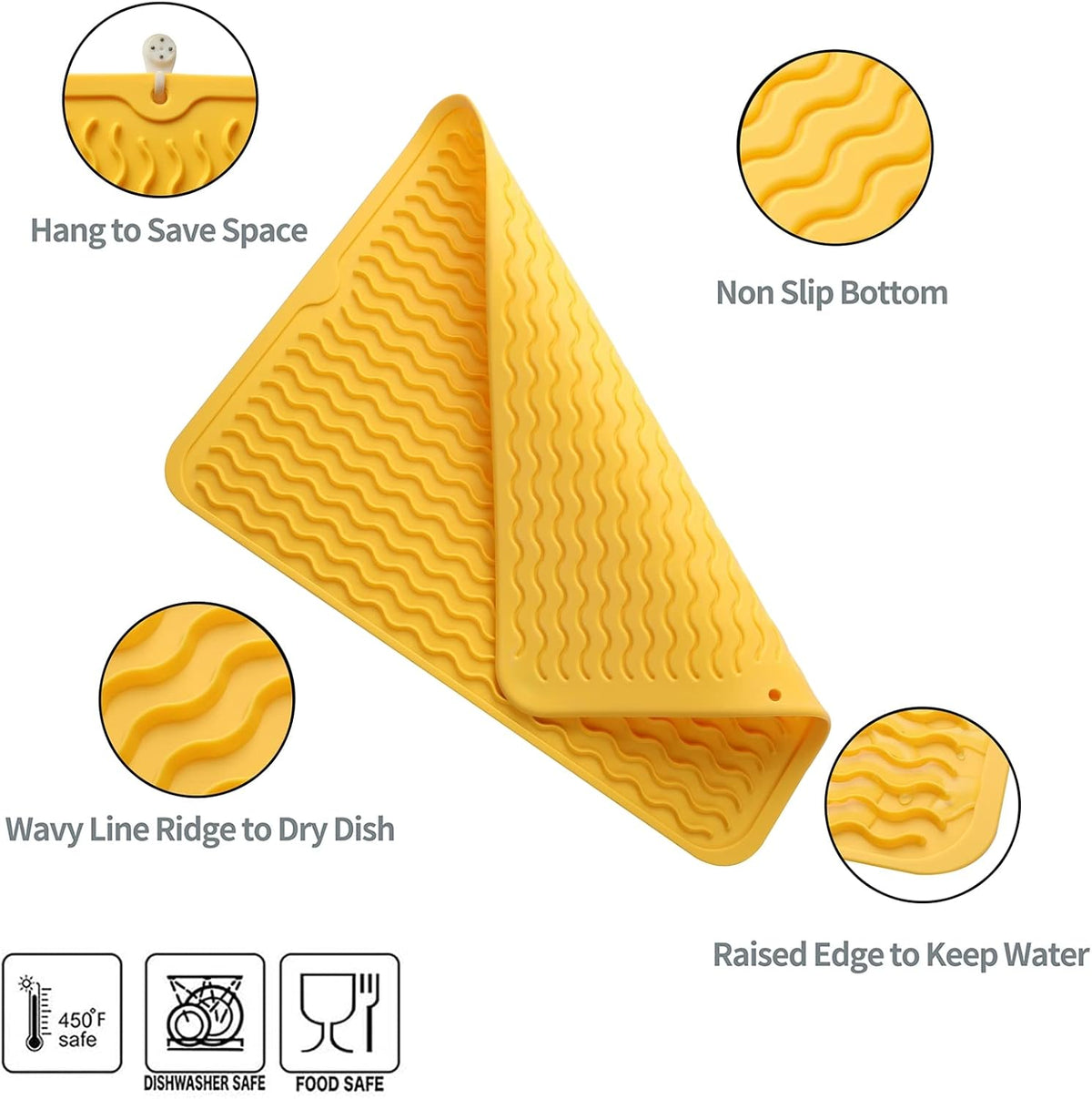 Silicone Dish Drying Mat for Multiple Usage,Easy clean,Eco-friendly,Heat-resistant Silicone Mat for Kitchen Counter or Sink,Refrigerator or drawer liner Yellow L 16 inches x 12 inches