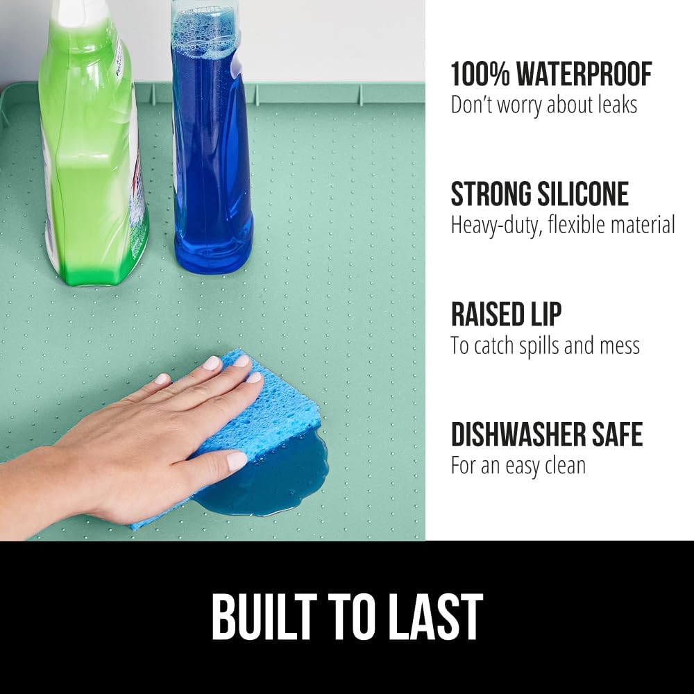 GORILLA GRIP Waterproof Silicone Under Sink Mat with Raised Lip for Kitchen and Bathroom, 34 x 22 in, Cabinet Shelf Liner Stay in Place Mats Dishwasher Safe Drawer Liner, Organizer Tray, Mint