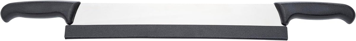 Mundial 16-Inch Carbon Stainless Steel Cheese Slicer Knife – Double Handle, Granton Edge for Non-Stick Cutting, Includes Safety Sleeve Protector, Ideal for Blocks of Cheese