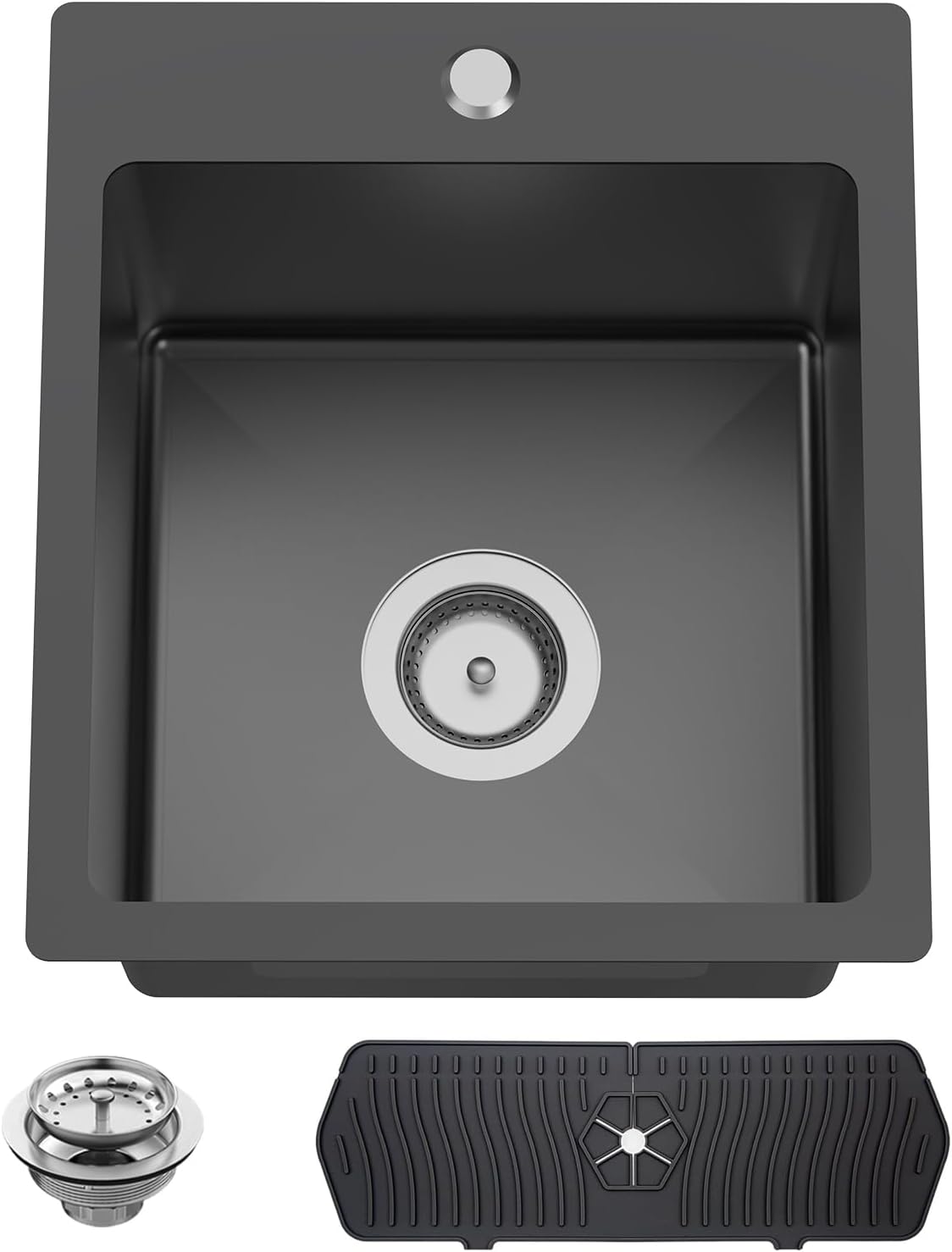 Black Kitchen And Bar Sink, 15x17 Inch Stainless Steel Drop In Kitchen Sink Modern Single Bowl Topmount Bar Sink Combo-Silicon Mat,Drain Strainer Set Compatibility With Various Kitchen & Bar Style