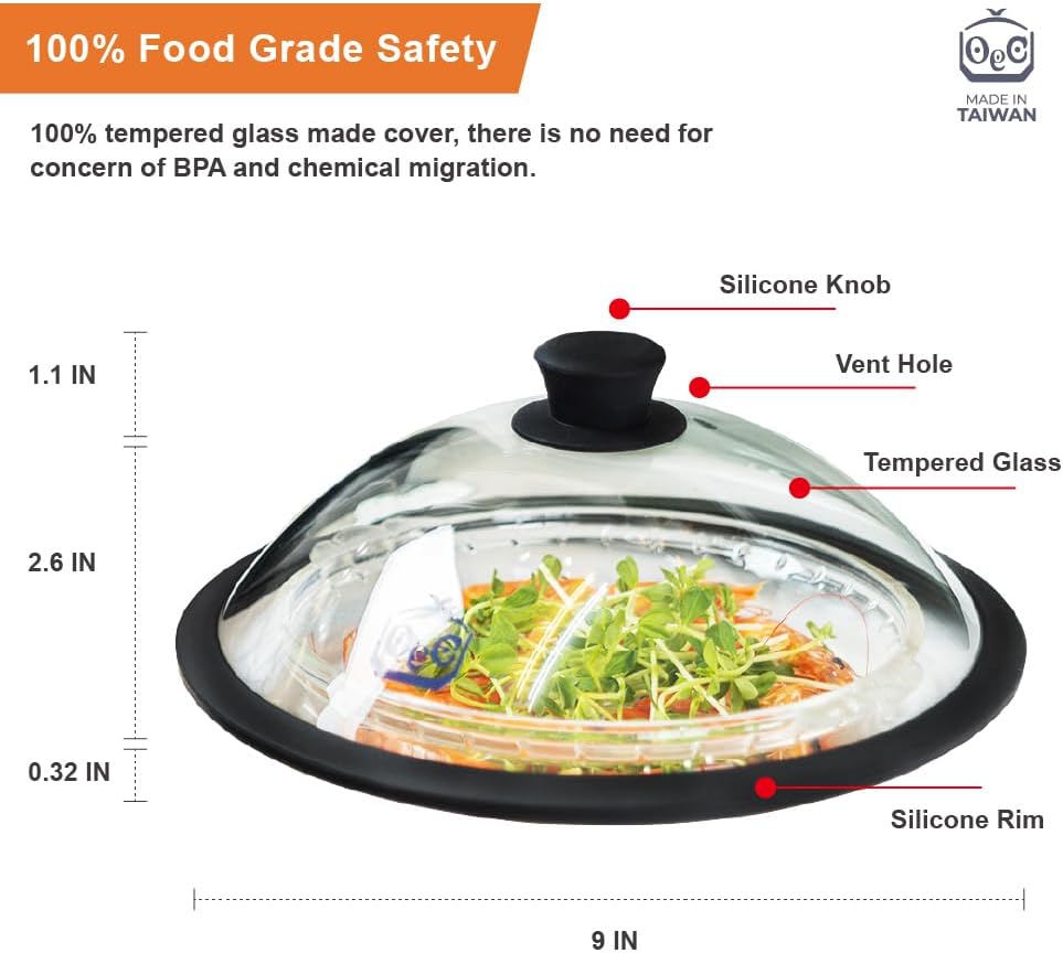 OEC Vented Splatter Guard Microwave Glass Cover with Easy-Grip Handle - 100% Food Grade Tempered Glass & BPA Free Silicone Rim. Compatible with Plates, Bowls and Meal Prep Containers, Dishwasher Safe