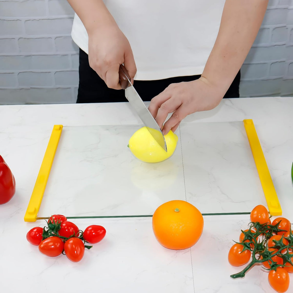 Large Tempered Glass Cutting Board for Kitchen with Silicone Handle-Non Anti slip and easy to grip,Dishwasher-Safe Easy to Clean for Food Prep,Serving Tray(Yellow-16 * 12")