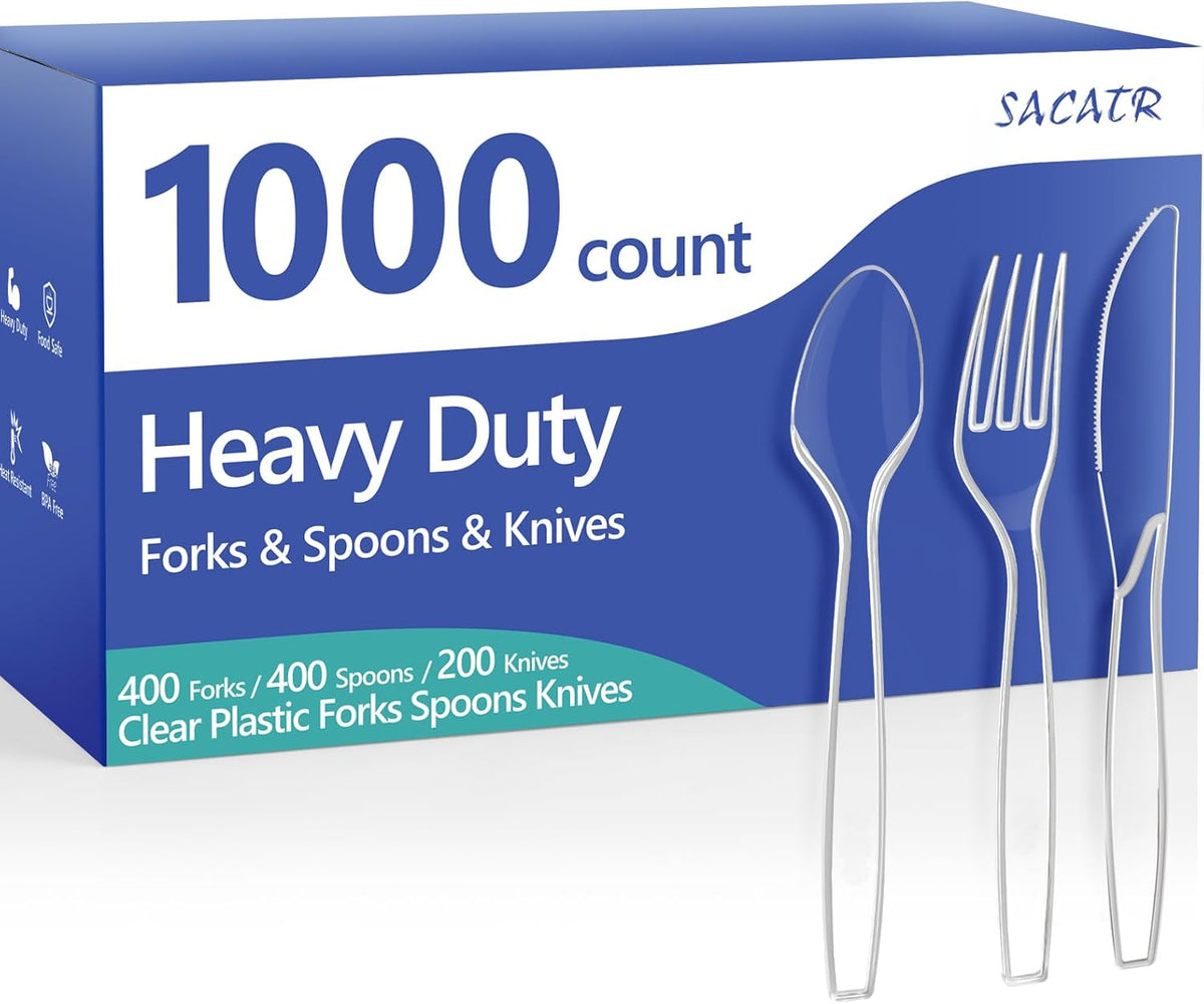 1000 Count Plastic Silverware Heavy Duty - 400 Forks, 400 Spoons, 200 Disposable Knives, BPA-Free, Disposable Plastic Cutlery Set, Plasticware Suitable for Party Everyday Use ﻿