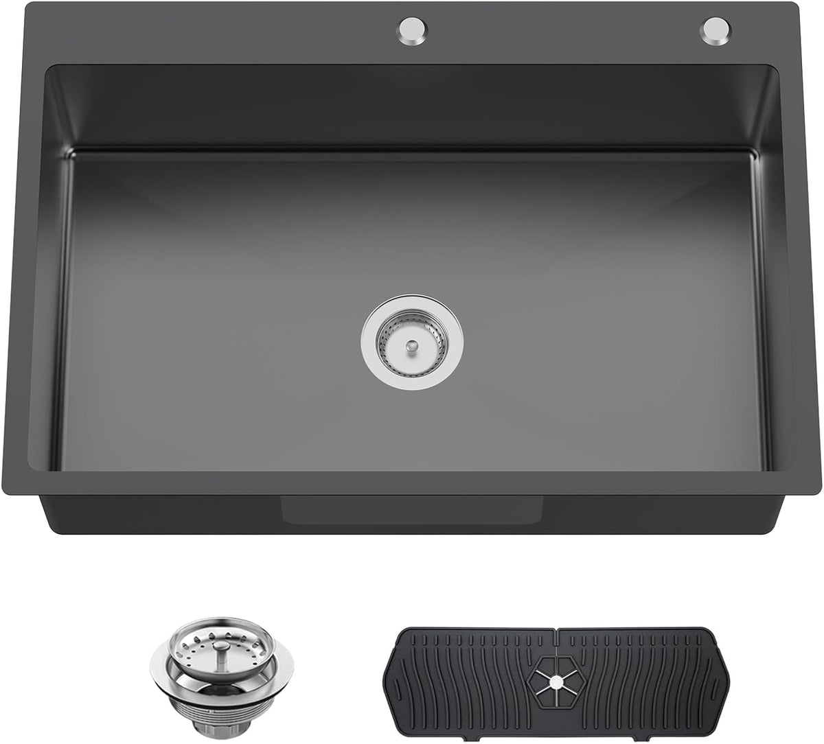 Black 33x22 Inch Stainless Steel Kitchen Sink - Drop In Modern Single Bowl Topmount Kitchen Sink With Silicon Mat,Drain Strainer Set Offering Large Basin Compatibility With Various Kitchen&Bar Style