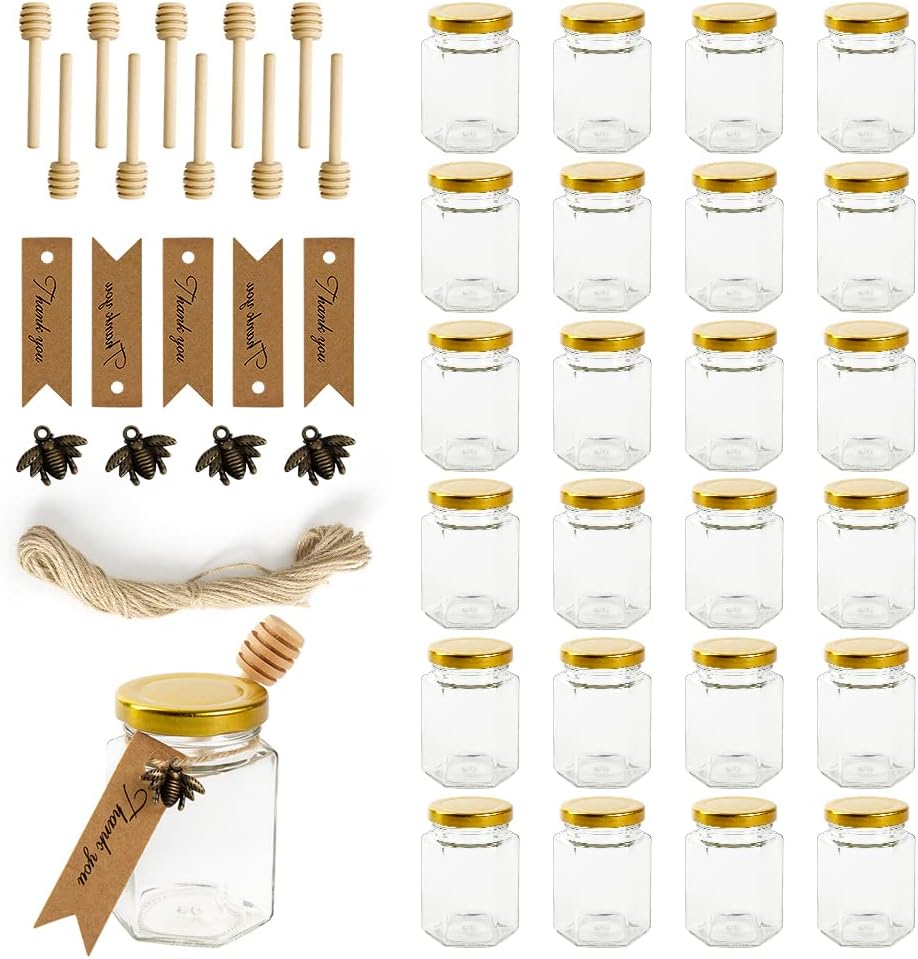 12 Pack 4oz Glass Hexagon Honey Jars Golden Lids - Extra Wooden Honey Dipper Sticks, Bee Charms, Tag String, Thank You Gift Tags, Wedding Favors Gifts, Baby Shower Party Canning Jar(Bronze)