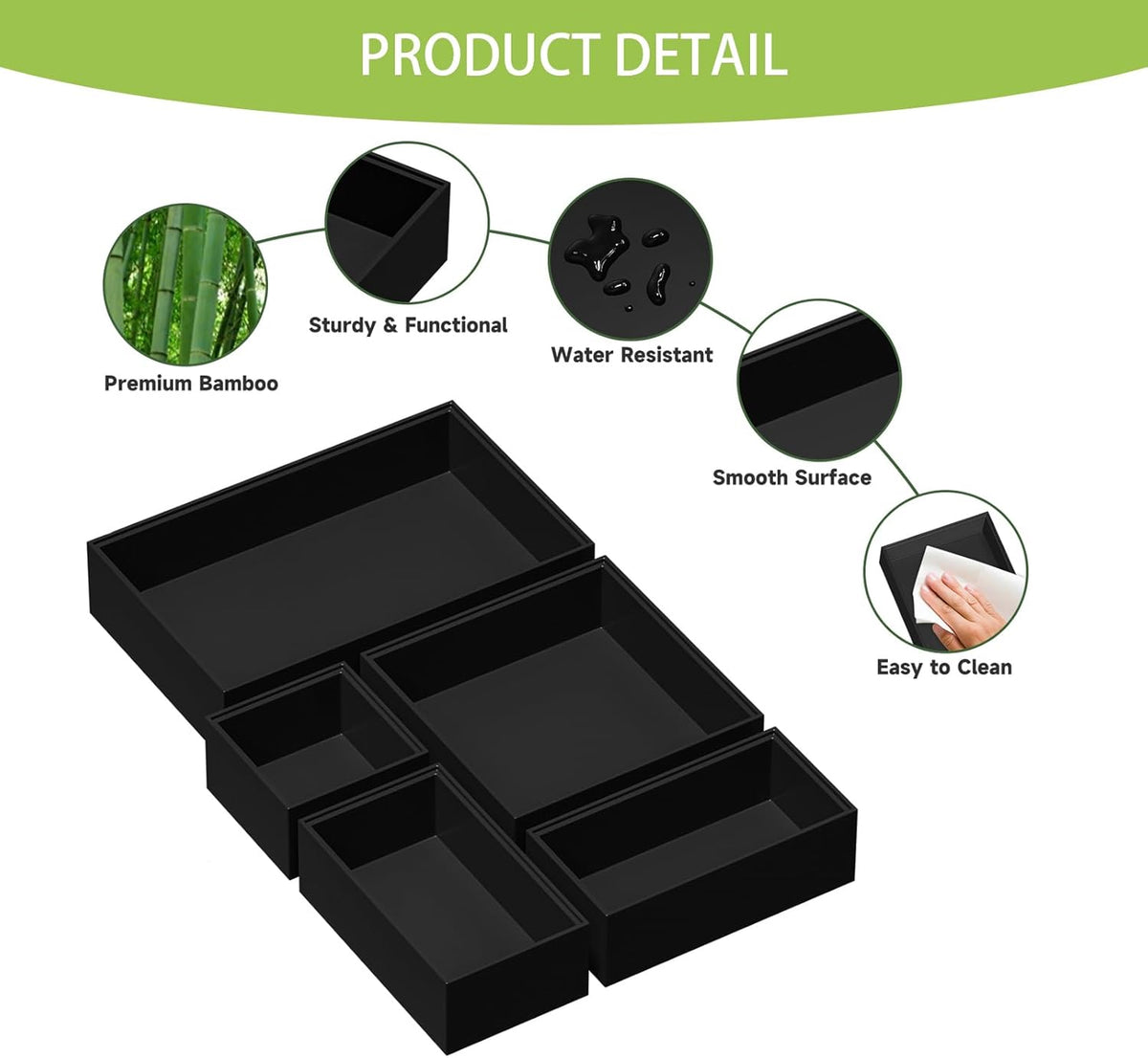 Bamboo Drawer Organizer Set, 5 PCS Multi-use Varied Sizes Junk Drawer Organizer Kitchen Storage Box for Office, Home, Bedroom, Bathroom, Black